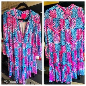 Lilly Pulitzer Gabriel 3/4 Sleeve Knit Dress Pink Blue Pineapple Print Size 12